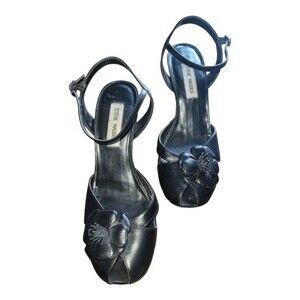 Steve Madden Womens Heels Sandals Ankle Strap Floral Open Toe Leather Black 9B